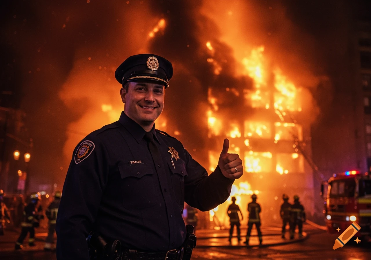 A smiling police officer gives a thumbs-up in front of a burning building with firefighters and a fire truck in the background.