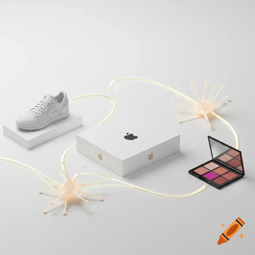 Minimalist, hyperrealistic shot of a white Nike sneaker, Apple box, and makeup palette interconnected by glowing neural lines on a white background.