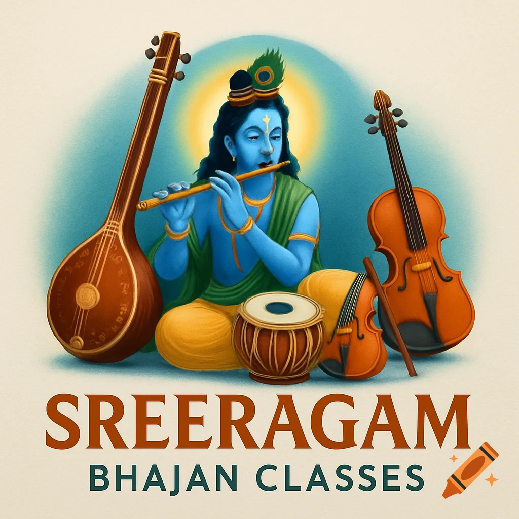 Blue-skinned Krishna playing a flute, surrounded by a tambura, tabla, and violin, with 'SREERAGAM BHAJAN CLASSES' text below. Illustration, logo style.