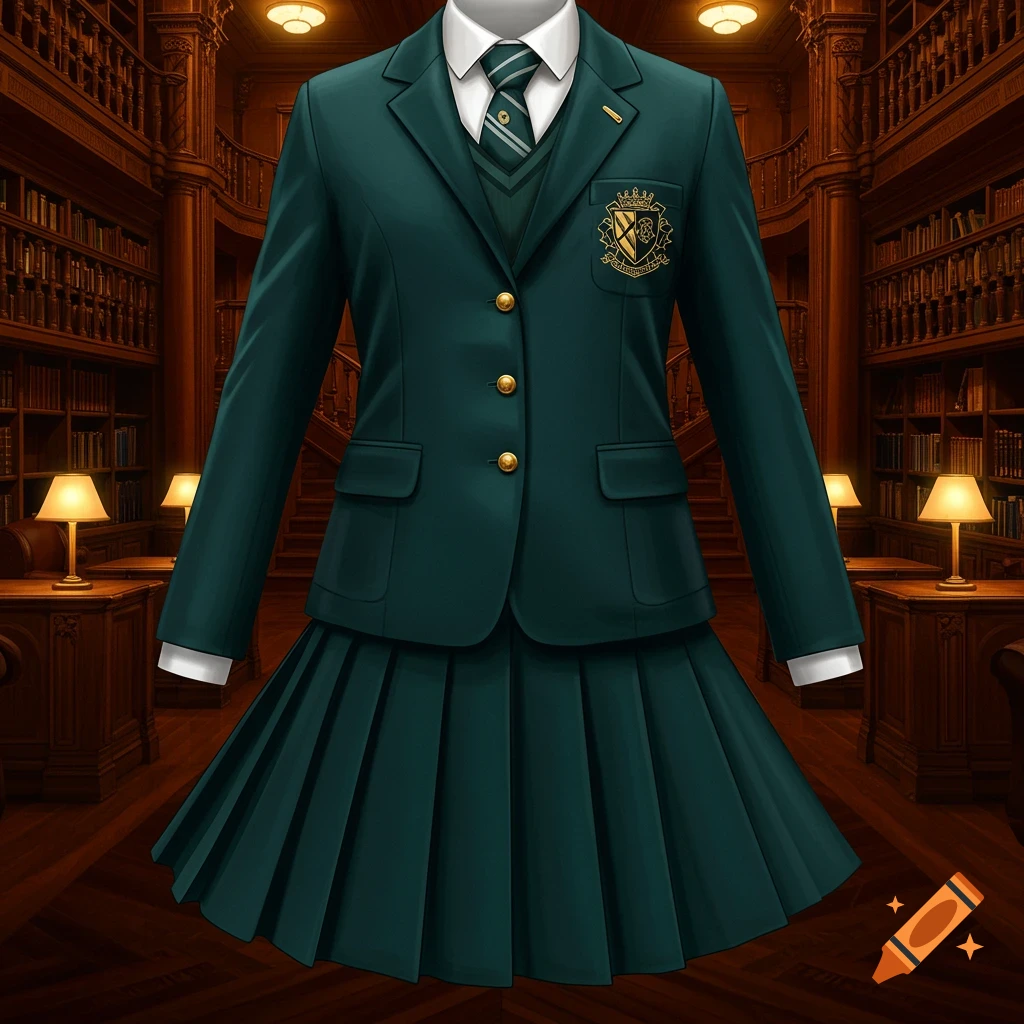 A dark teal school uniform with gold buttons and a crest, set against a grand library background in an illustrative style.
