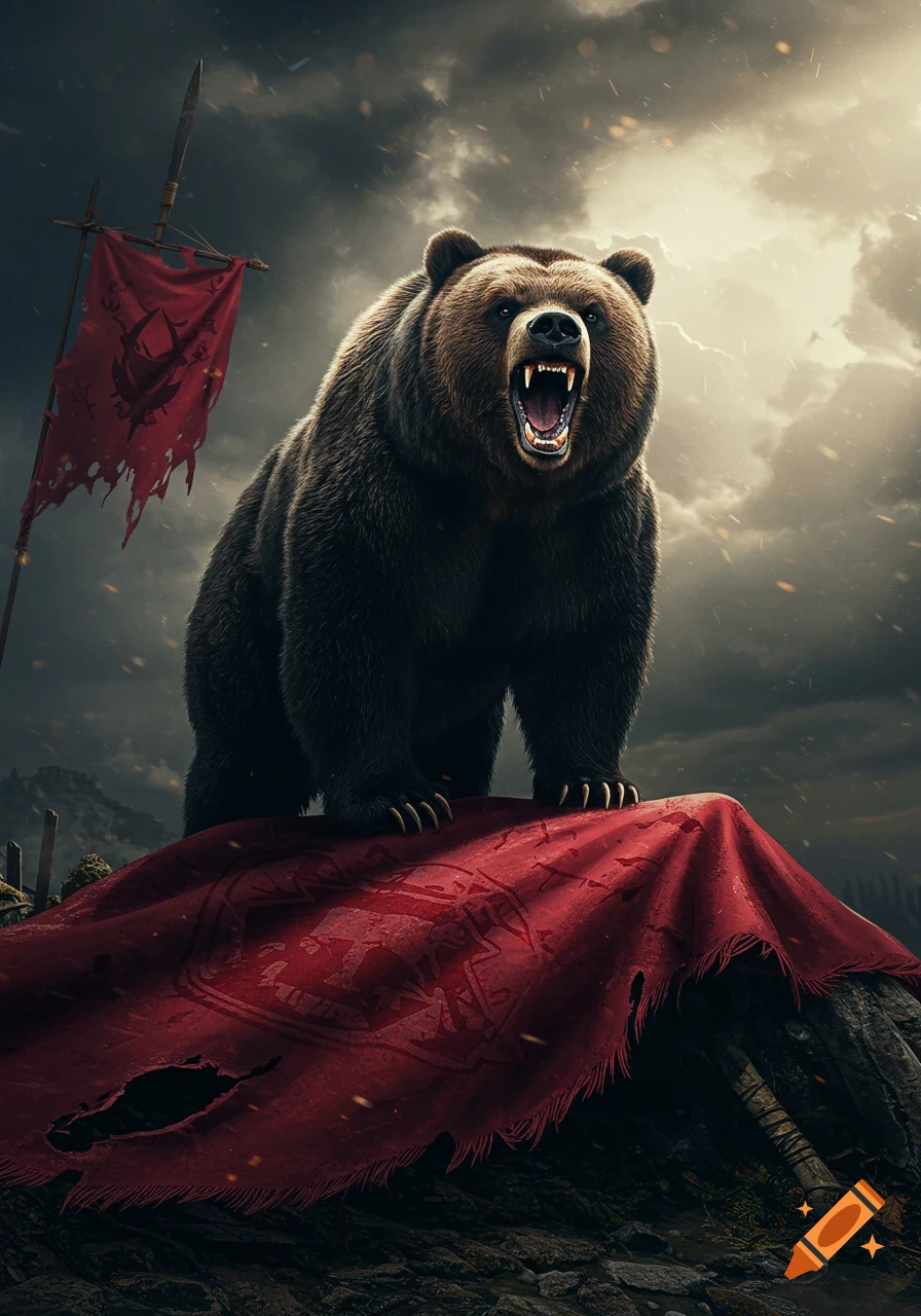 A ferocious brown bear stands on a torn crimson banner with an illegible symbol, its mouth wide open in a roar, against a stormy sky.