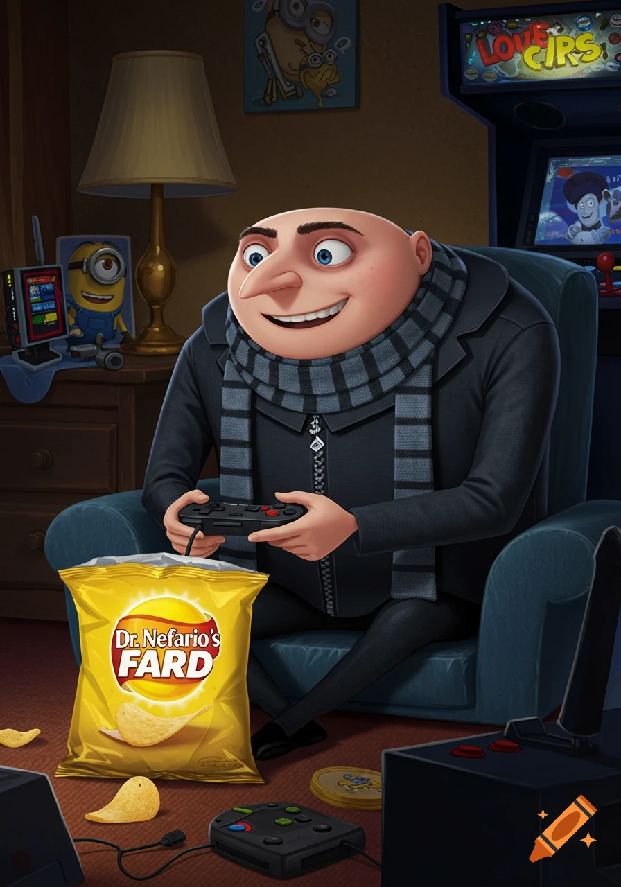Gru from Despicable Me sits in an armchair playing a video game while eating a bag of Dr. Nefario's Fard potato chips. The cartoon scene features Minion decor and arcade machines.