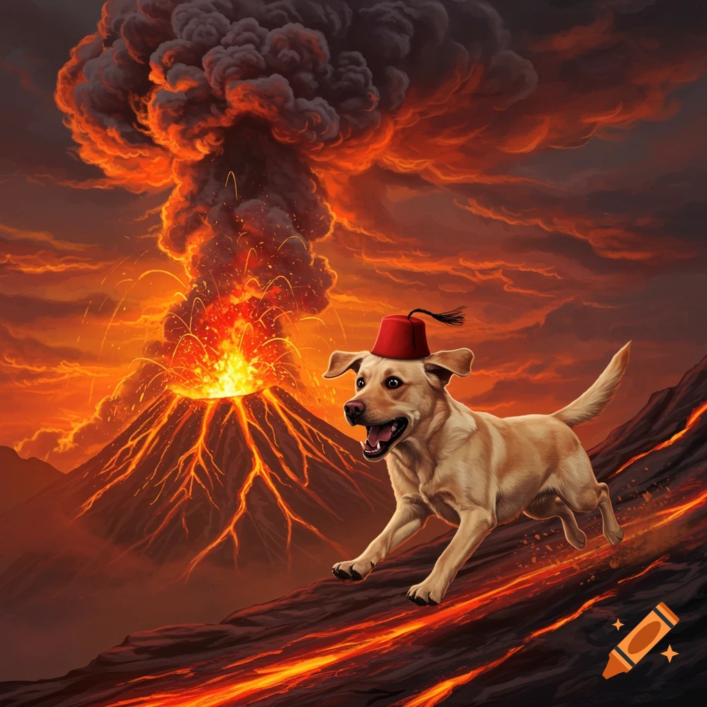 A happy Labrador in a red fez runs down a lava-streaked hill as a volcano erupts with fiery explosions in the background.