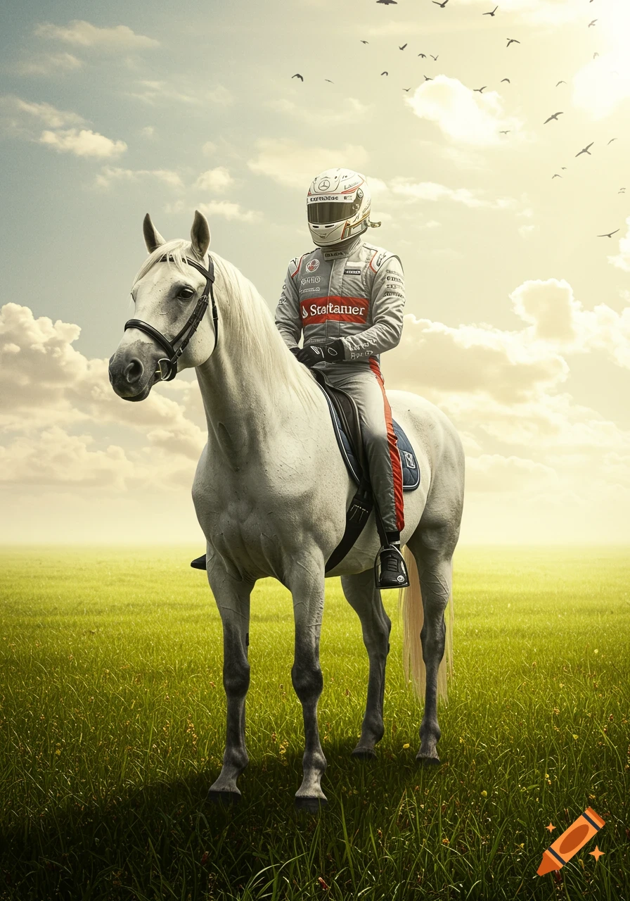 A person in a Formula 1 racing suit and helmet rides a white horse through a green field under a cloudy sky.