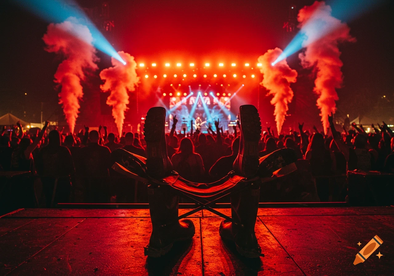 View from behind a chair made of Wellington boots, facing a brightly lit heavy metal concert stage with a cheering crowd and red smoke.