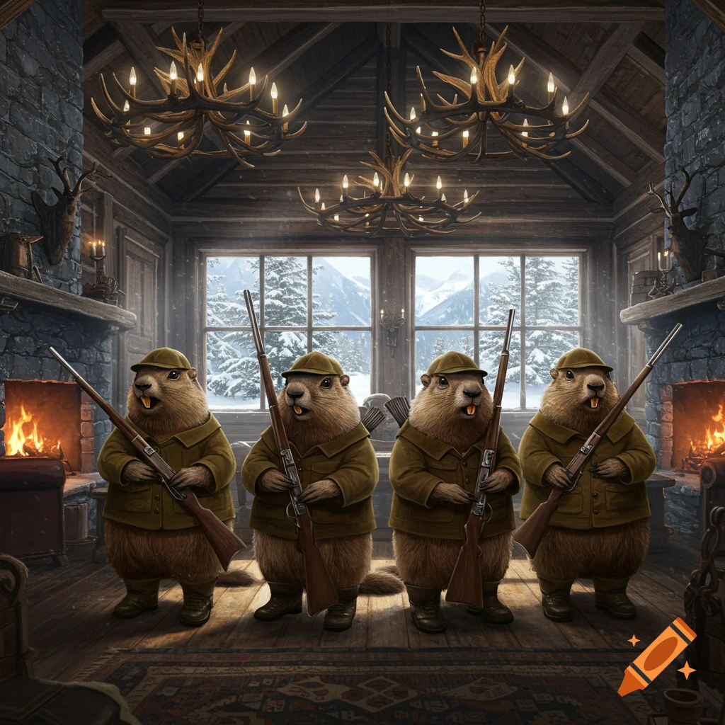 Four anthropomorphic marmots dressed as hunters stand holding rifles in a rustic lodge with antler chandeliers and fireplaces.
