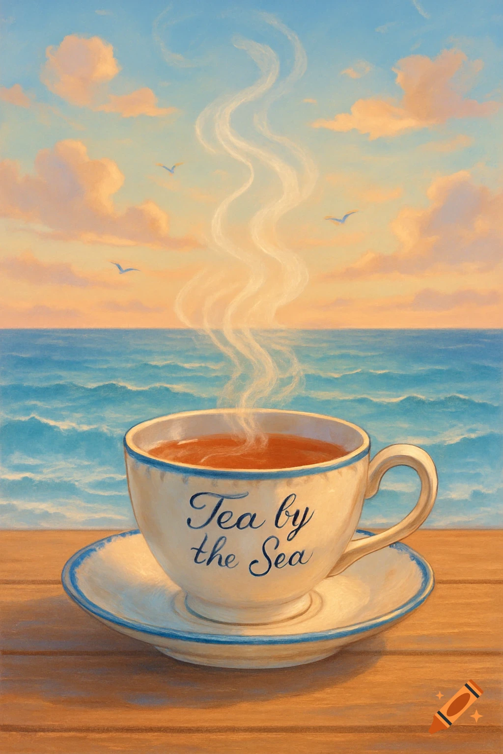 An illustration of a steaming teacup on a table with the ocean and sunset sky in the background. Text reads 'Tea by the Sea'.