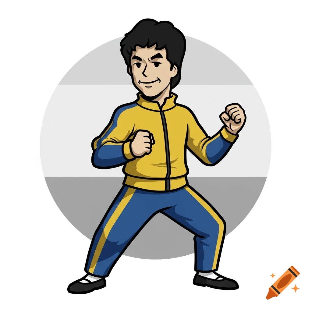 A cartoon character resembling Bruce Lee in a yellow and blue tracksuit strikes a martial arts pose against a grey and white circular background.