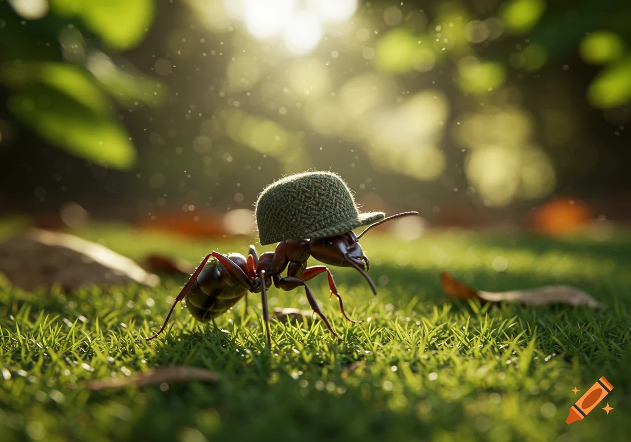 A photorealistic illustration of an ant wearing an Irish tweed cap, walking on sunlit green grass with blurred foliage in the background.