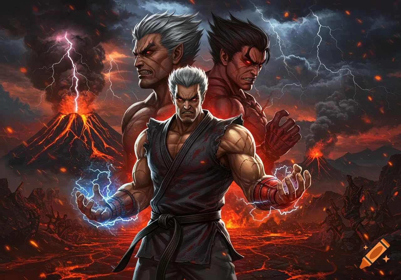 Three angry, muscular men from the Tekken series in a volcanic, lightning-filled landscape. The central figure emits blue energy.