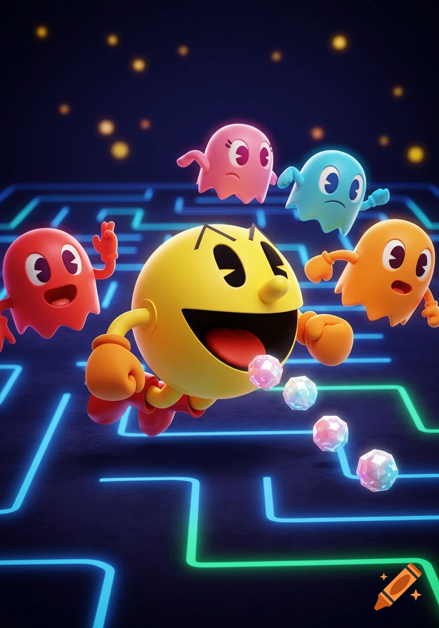 Pac-Man and four colorful ghosts (red, pink, blue, orange) float in a neon-lit maze. Pac-Man eats shiny pellets.