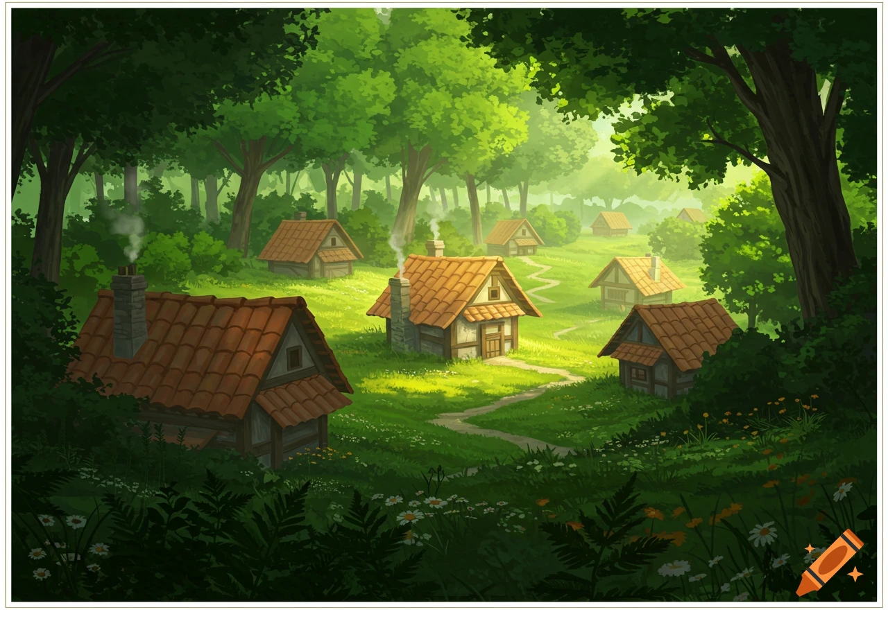 Illustrative scene of small fantasy cottages with tiled roofs nestled in a sunlit green forest clearing with winding paths.