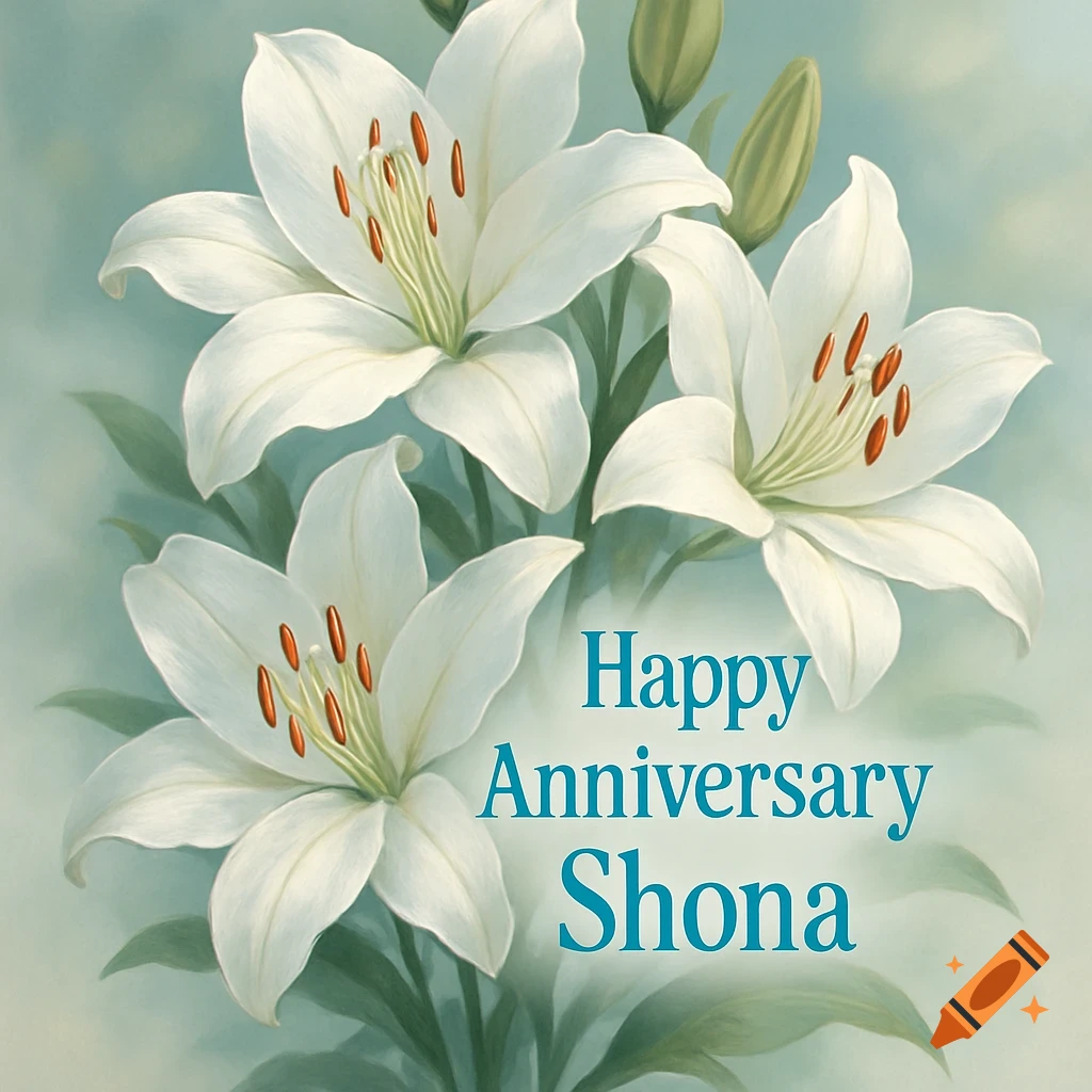 Illustration of white lilies with 'Happy Anniversary Shona' in turquoise text.