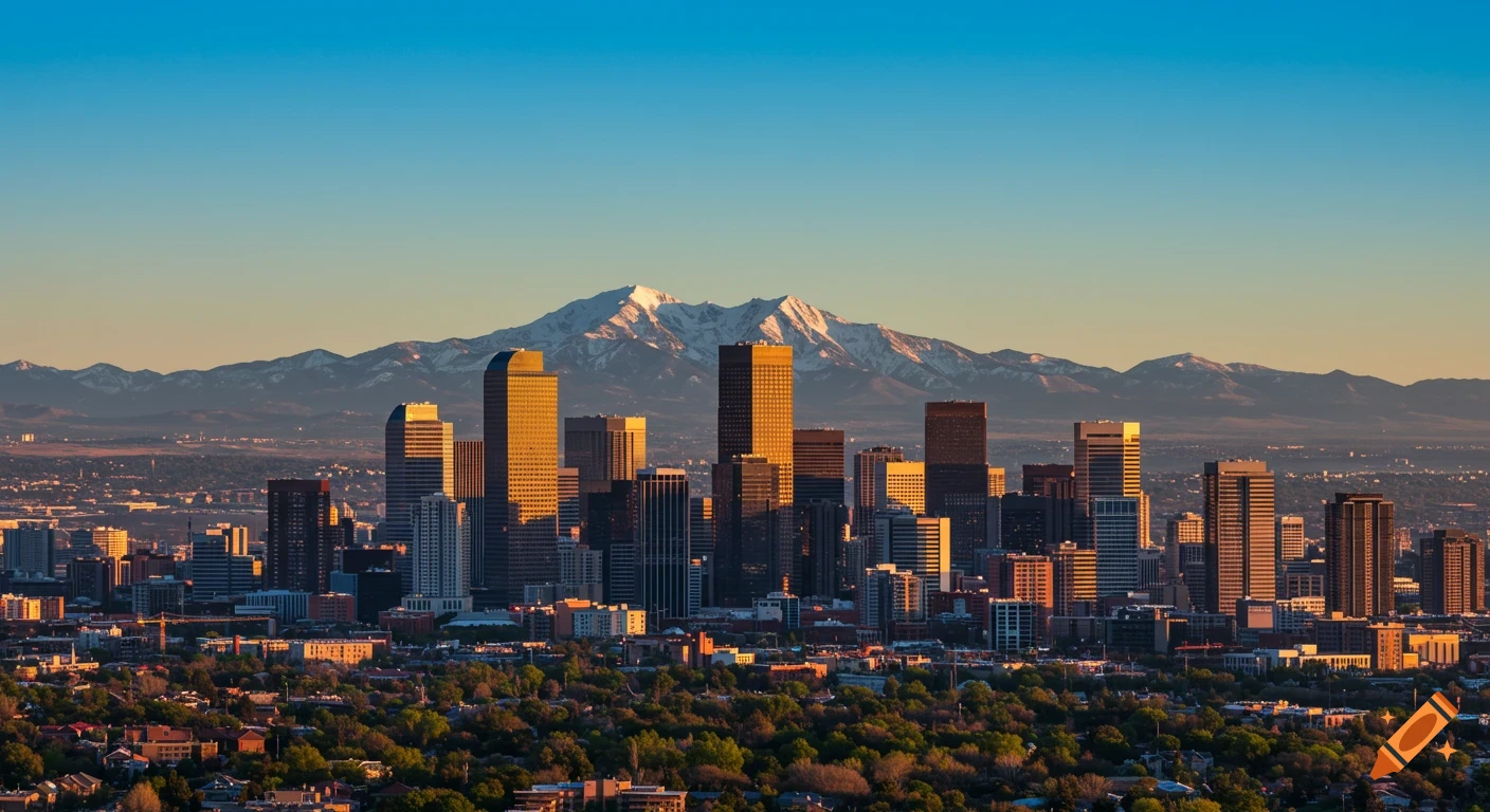 A Denver cityscape with tall buildings in golden hour light and snow-capped mountains in the background under a blue sky.