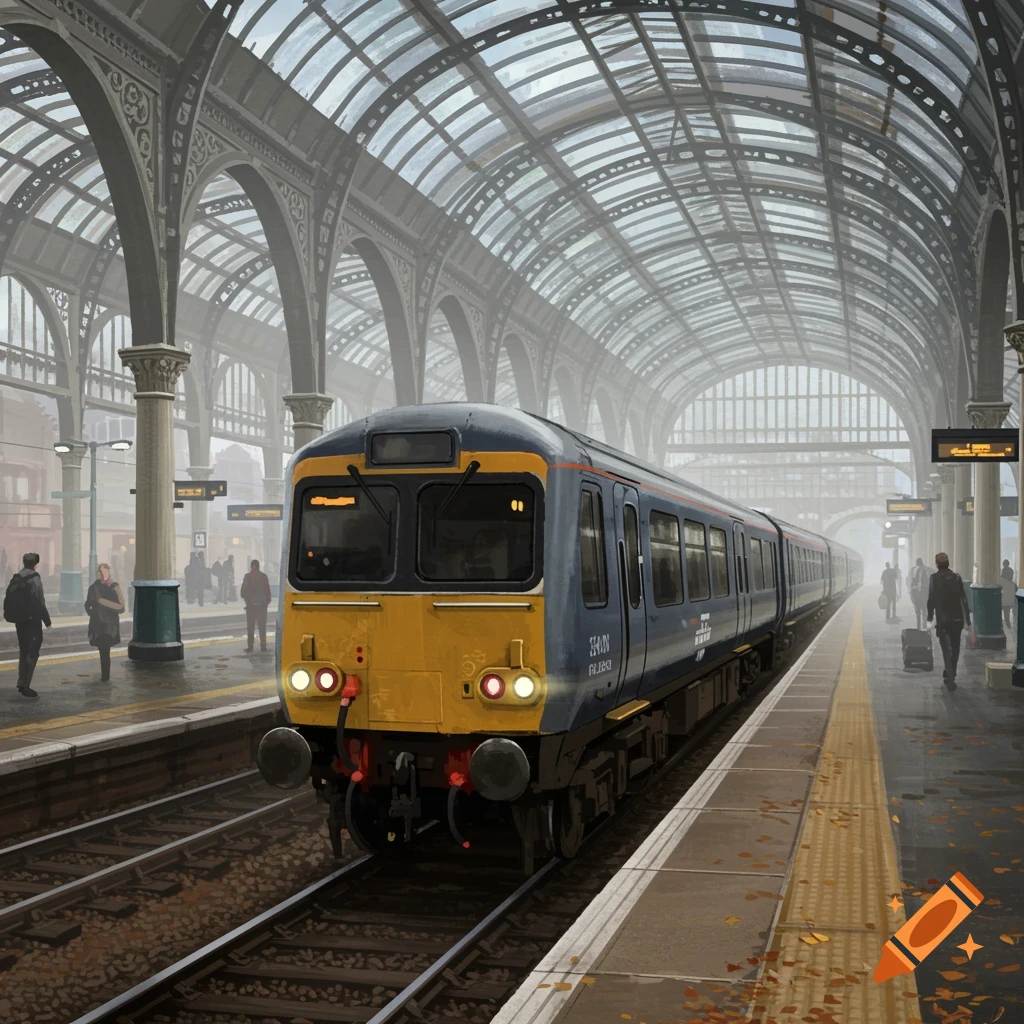 A blue and yellow train waits at a bustling railway station platform under a vaulted glass and steel roof on a cloudy day.