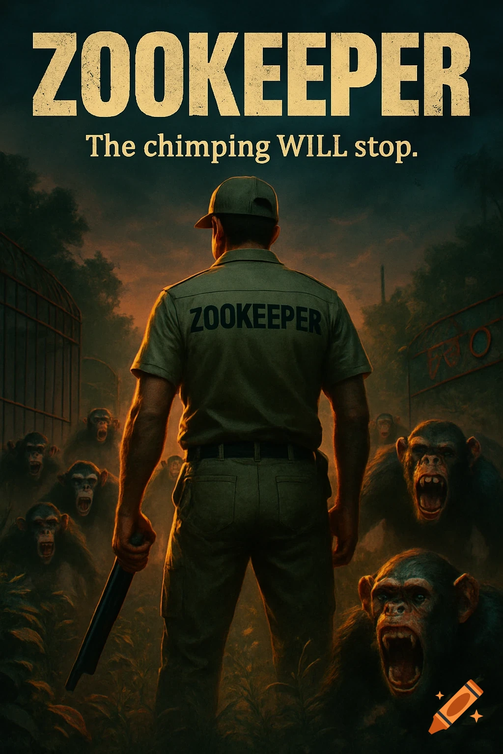 A dramatic movie poster for "Zookeeper." A zookeeper stands with his back to the viewer, holding a shotgun, facing a horde of aggressive chimps in a dark, atmospheric jungle setting. The title "ZOOKEEPER" is at the top with the subtitle "The chimping WILL stop."