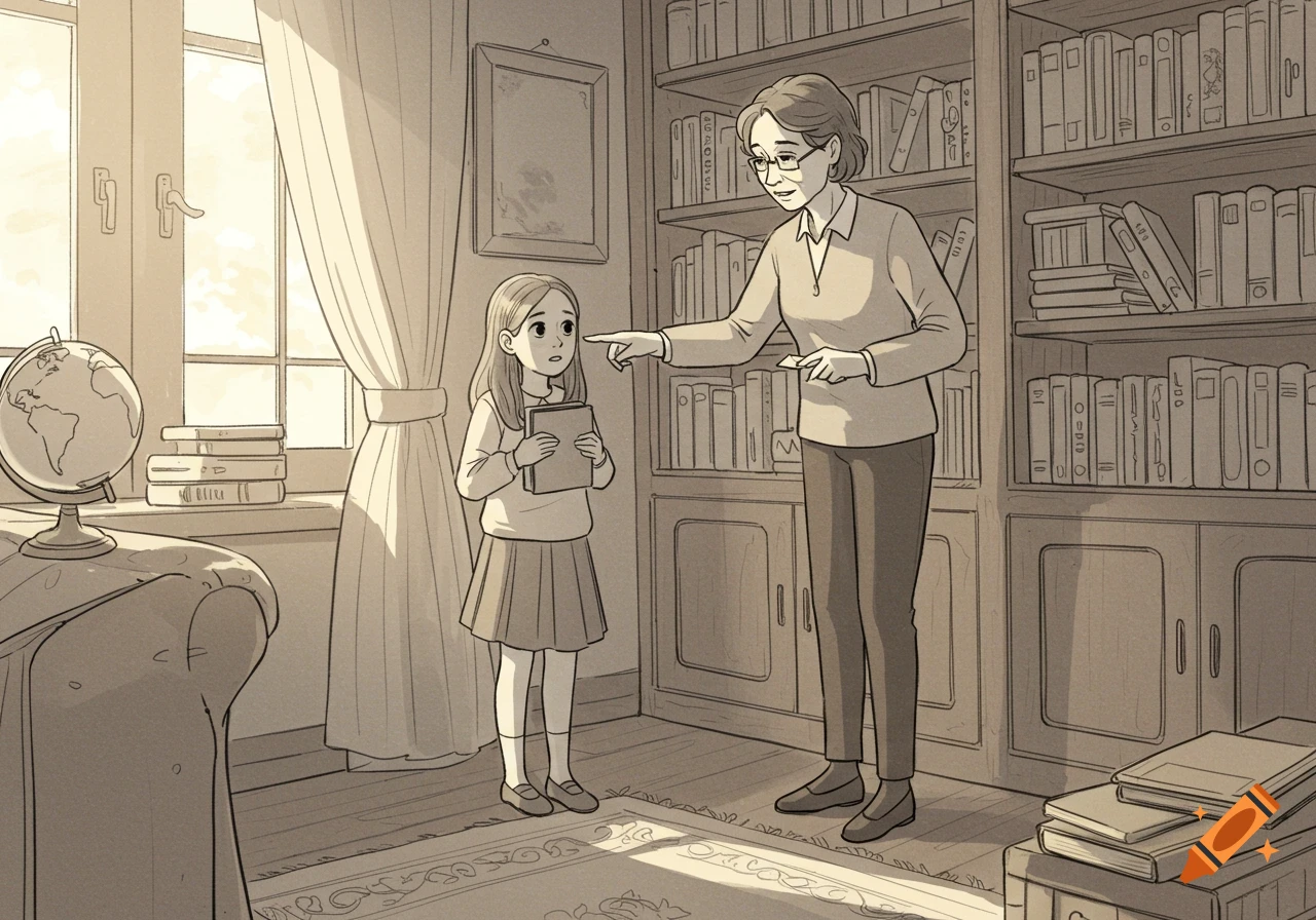 A simple line drawing illustration shows a kind teacher pointing to a bookshelf as a shy girl holds a book in a library.