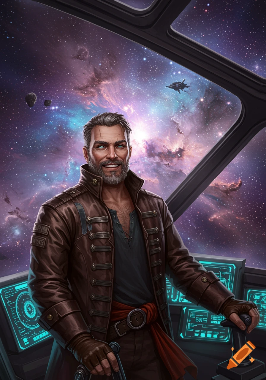 A rugged space pirate with a beard and brown leather jacket smiles in the cockpit of a spaceship, looking out at a colorful galaxy.