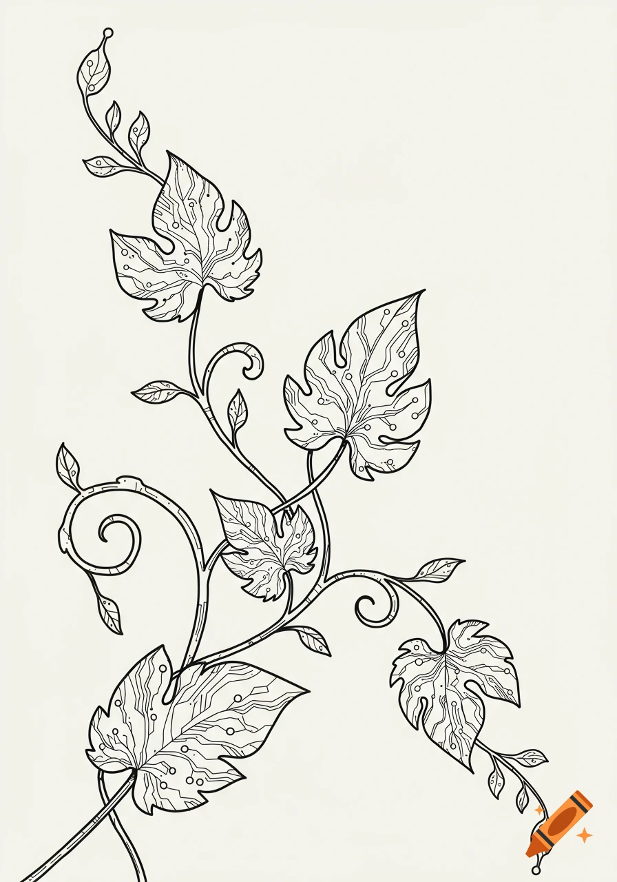 Black and white line art illustration of organic vine leaves with computer circuitry patterns.