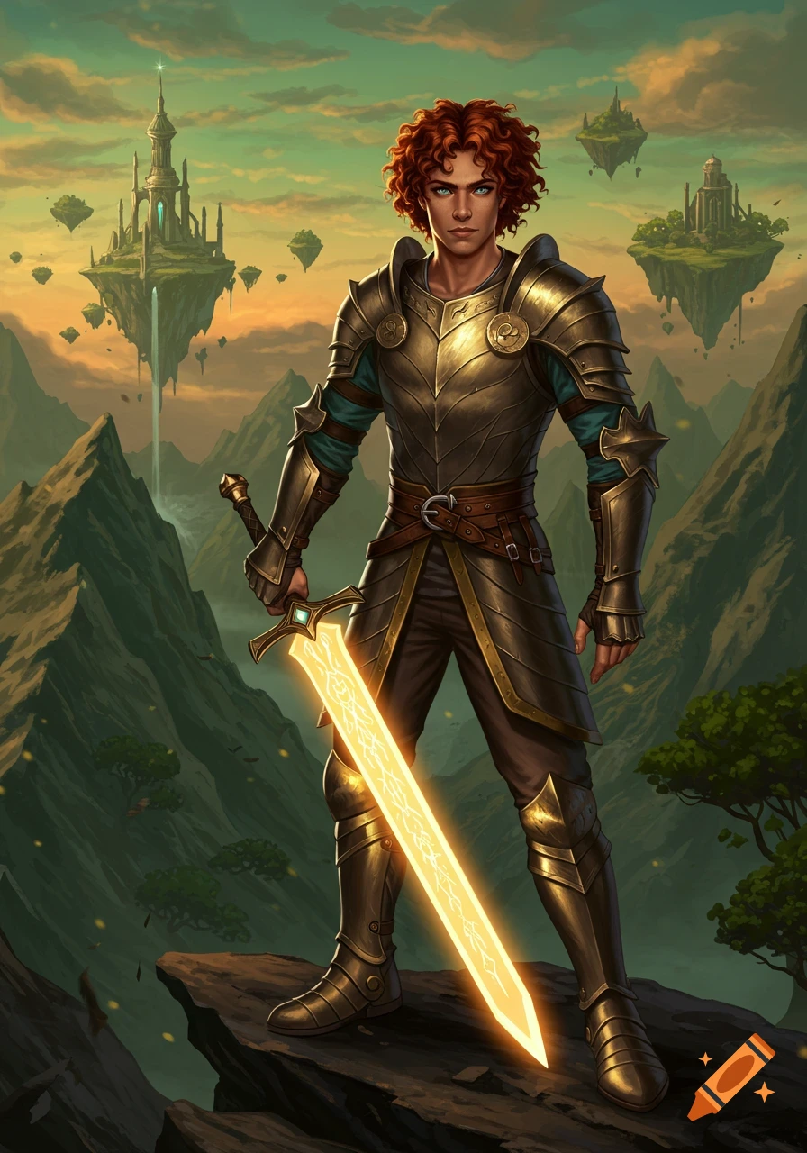 A fantasy illustration of a young man with red curly hair in golden armor, holding a glowing sword on a cliff overlooking floating islands.