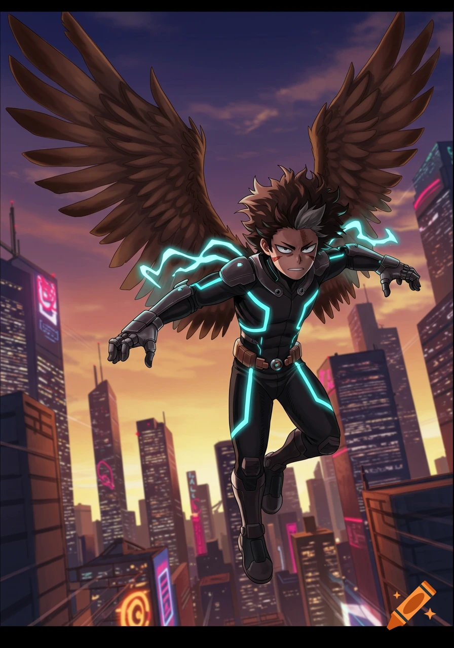 Anime boy with brown wings and a glowing black hero suit flies over a futuristic city at sunset.