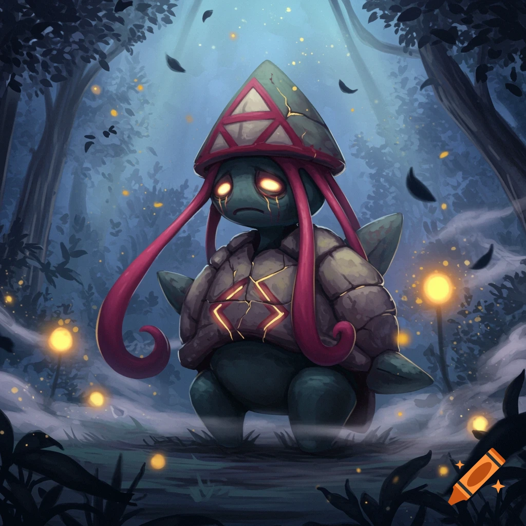 A sad, malnourished-looking creature resembling Tapu Lele from Pok rnmon stands in a dark, mystical forest with glowing fireflies.