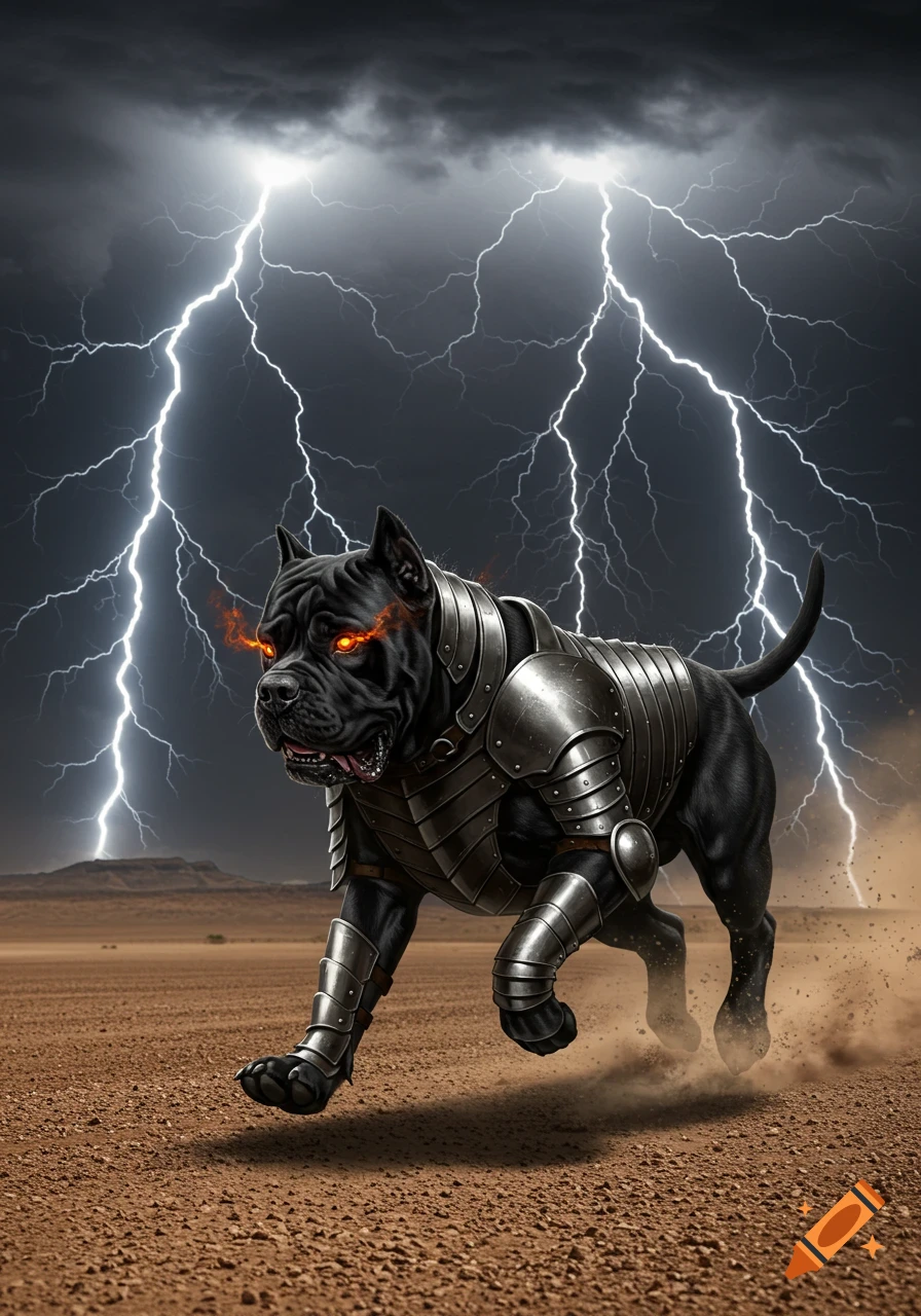 A black mastiff dog in silver armor with glowing orange eyes runs across a desert landscape under a stormy sky with lightning bolts.