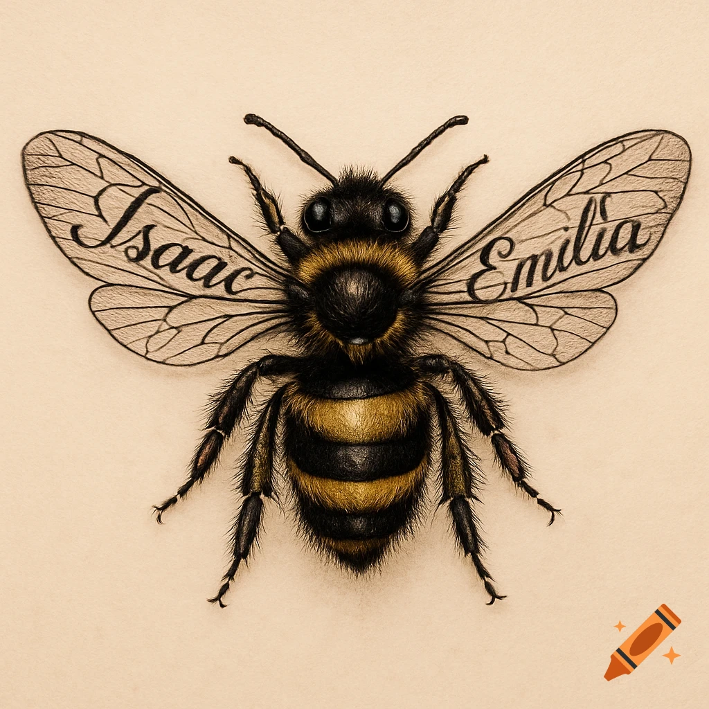 Detailed drawing of a bee with 'Isaac' on one wing and 'Emilia' on the other, resembling a tattoo design.