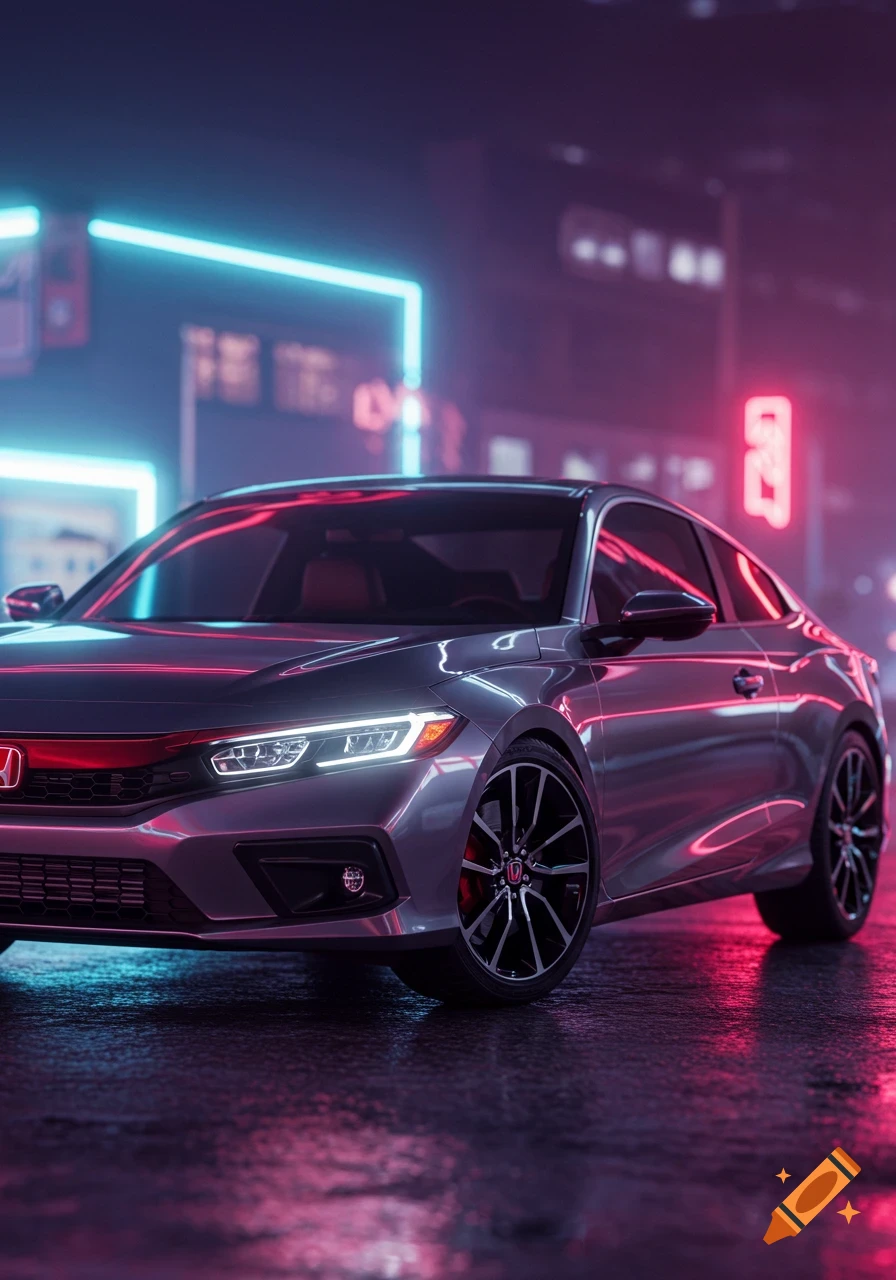 A grey Honda Civic car parked on a wet city street at night, illuminated by vibrant neon blue and pink lights.
