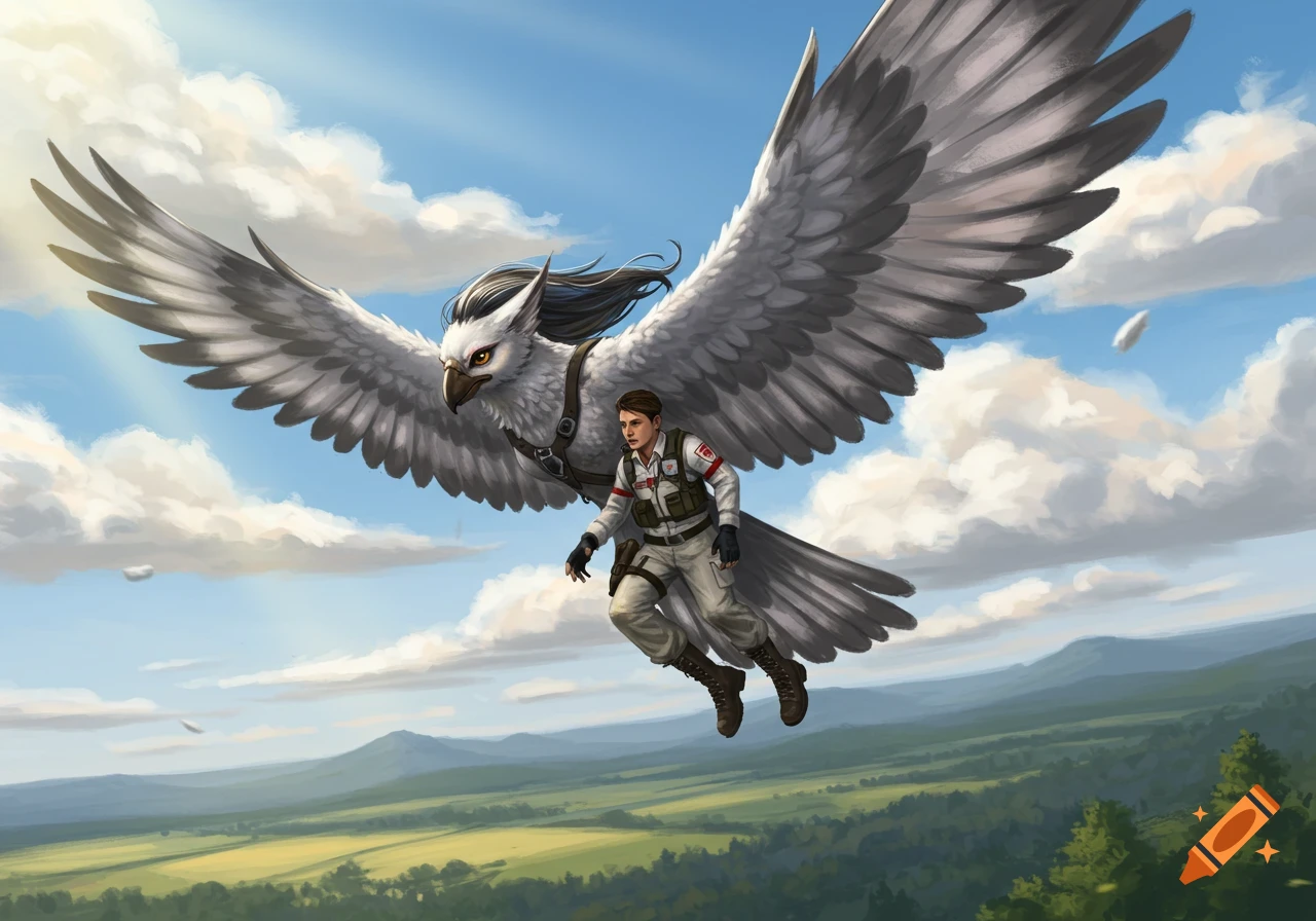 A person in a medic uniform flying on the back of a large white griffin over a green landscape.