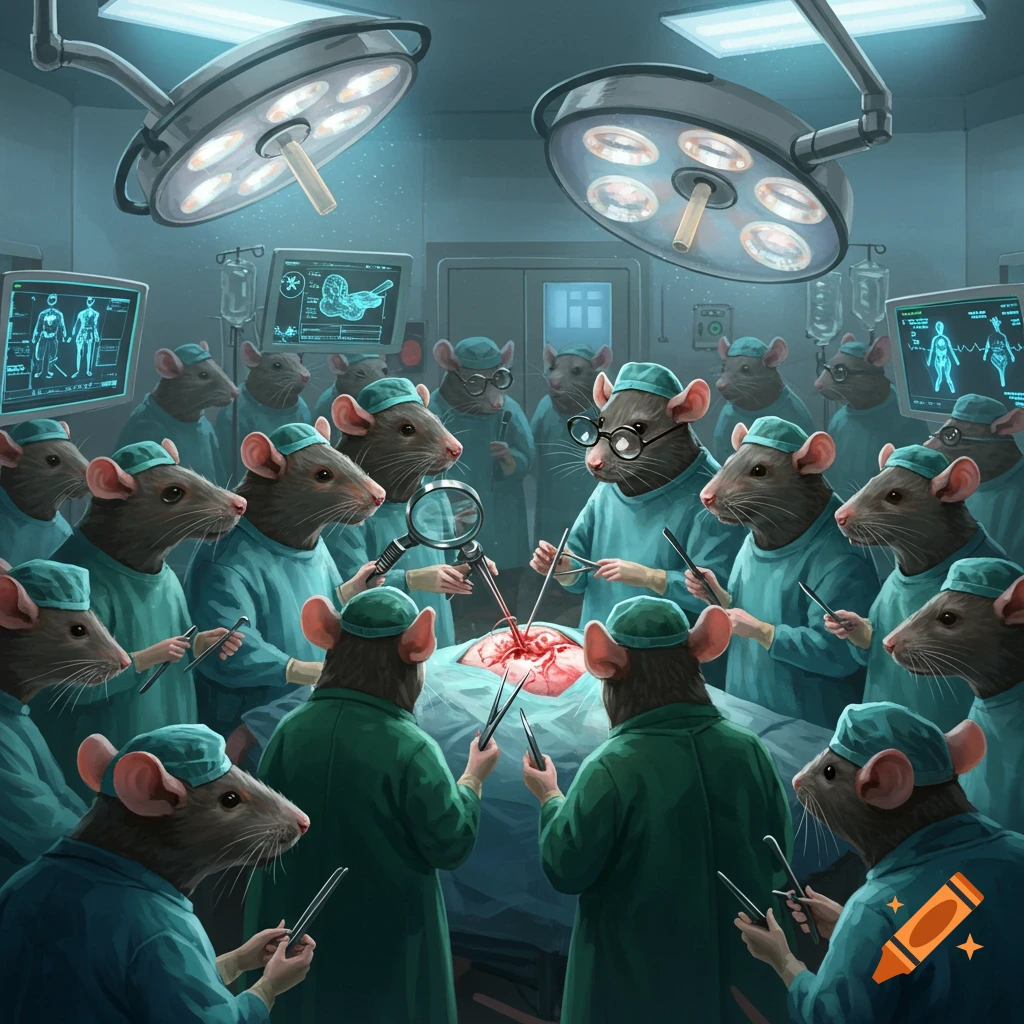 Anthropomorphic rats in surgical scrubs perform an operation in a brightly lit operating room, surrounded by medical equipment.