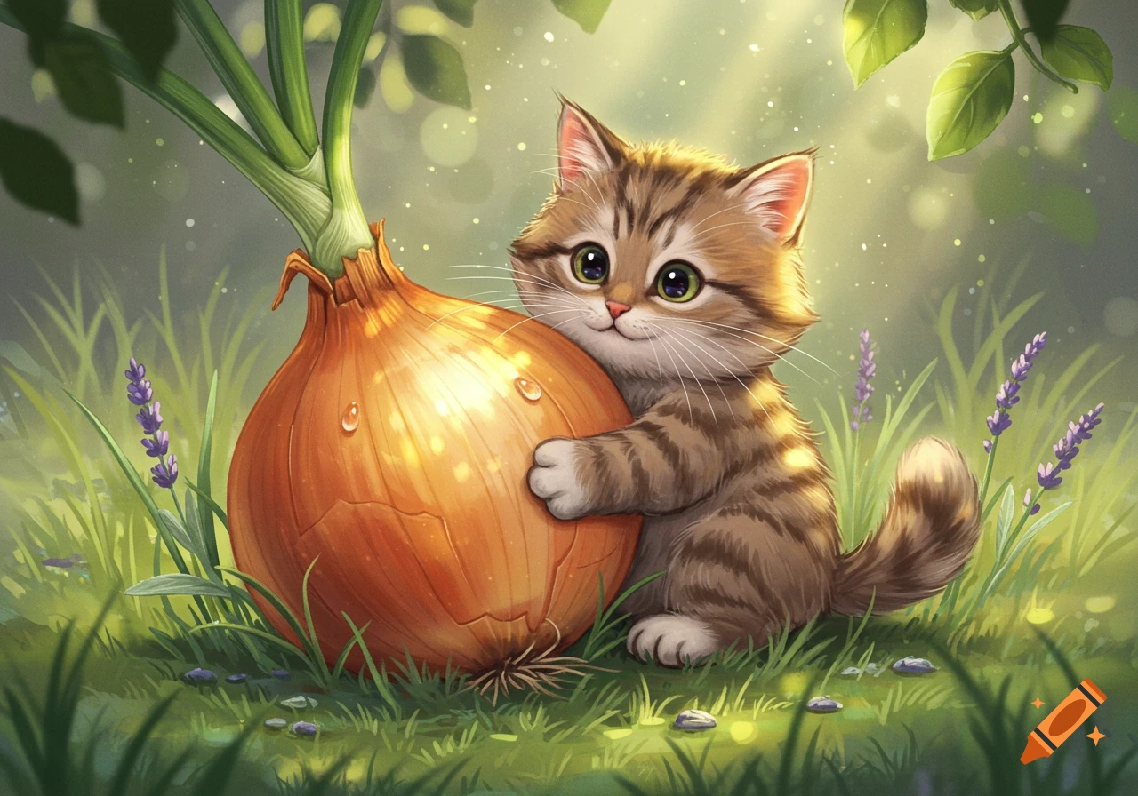 A fluffy, brown tabby kitten with large green eyes hugs a giant onion in a sunlit garden with lavender flowers, in a cute cartoon style.