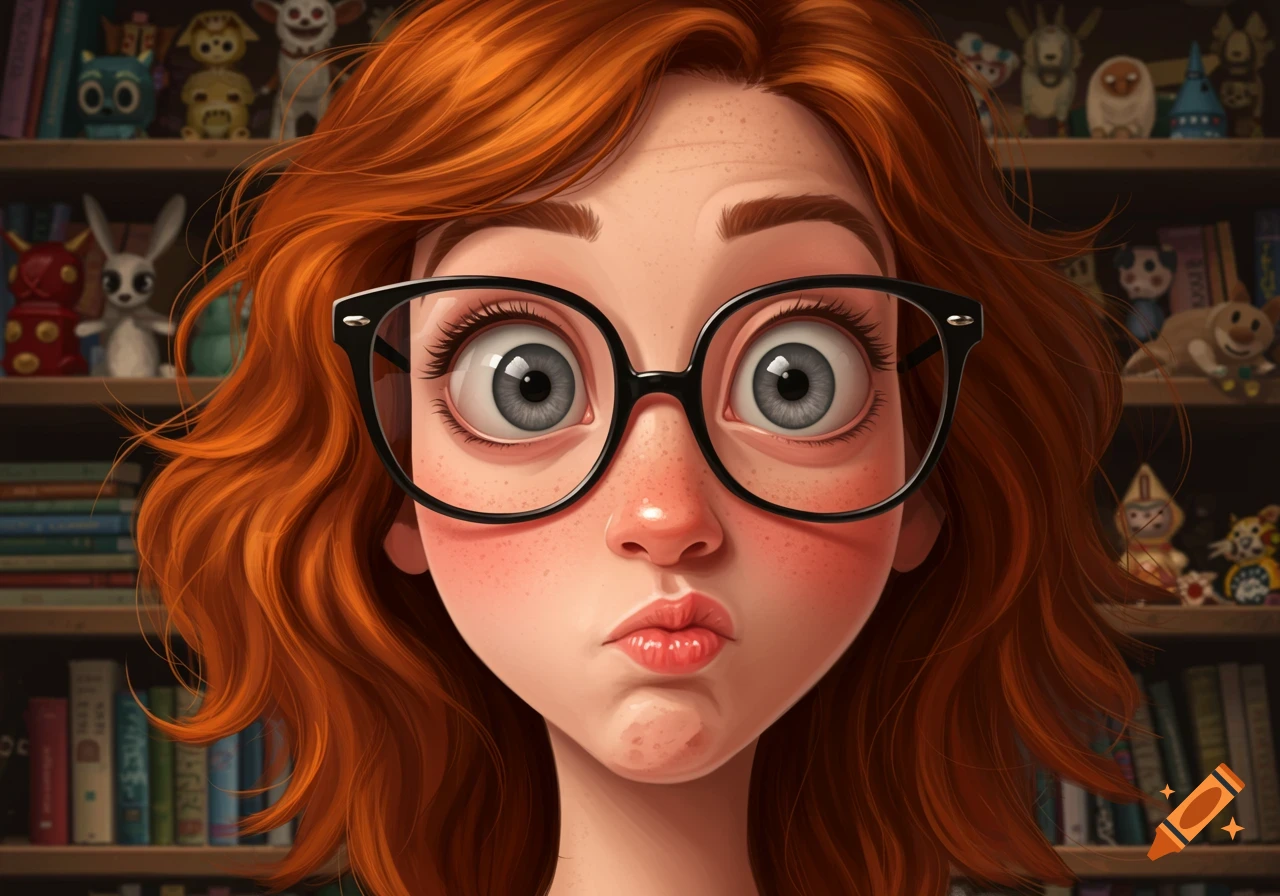 Cartoon portrait of a red-haired girl with large eyes, glasses, and freckles, making a puckered face in front of bookshelves.