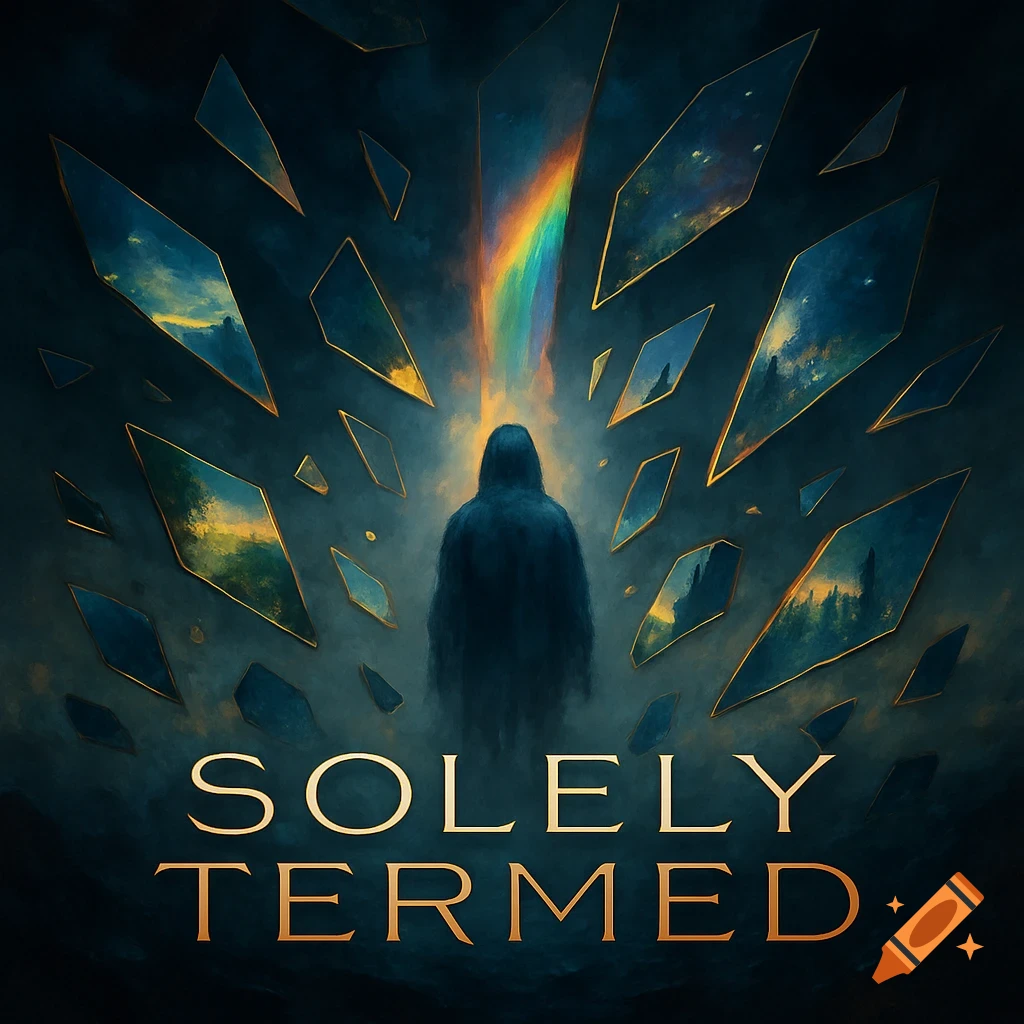 A dark, stylized digital painting of a cloaked figure standing beneath a rainbow light, surrounded by shattered glass shards reflecting landscapes.