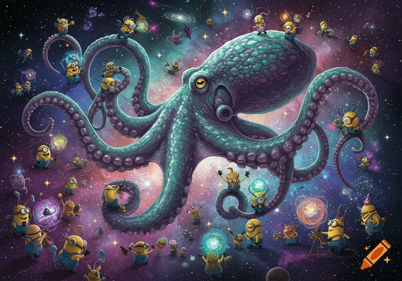 A giant teal octopus with many yellow Minions exploring a colorful cosmic background filled with stars and nebulae.