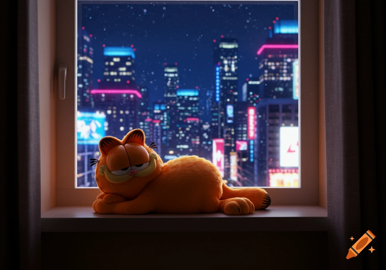 An animated orange cat, Garfield, lies on a windowsill looking out at a brightly lit night city skyline.
