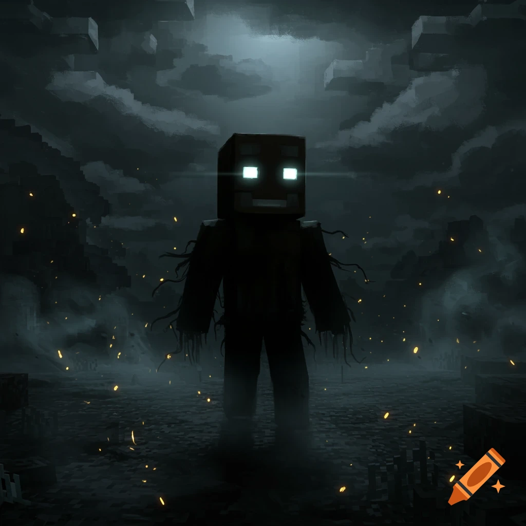 A dark, blocky figure with glowing white eyes, resembling Herobrine, stands in a dim, misty Minecraft-like landscape with embers.