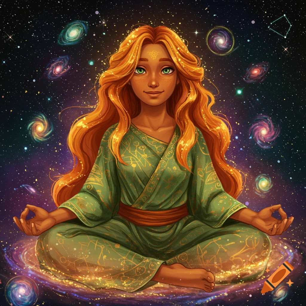 A woman with long reddish-gold hair and green eyes, dressed in green, sits meditating surrounded by colorful galaxies and stars.