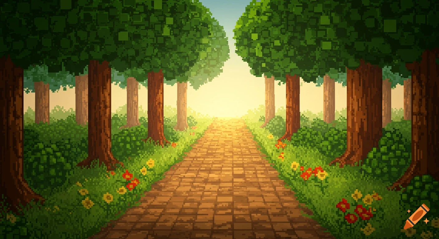 Pixel art path through a vibrant green forest with sun rays in the distance.
