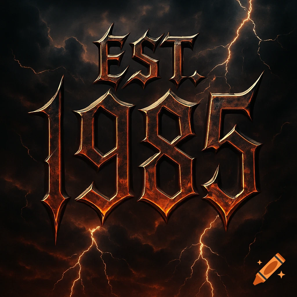 Text 'EST. 1985' in an ornate, metallic, aggressive font, set against a dark, stormy sky with bolts of lightning.