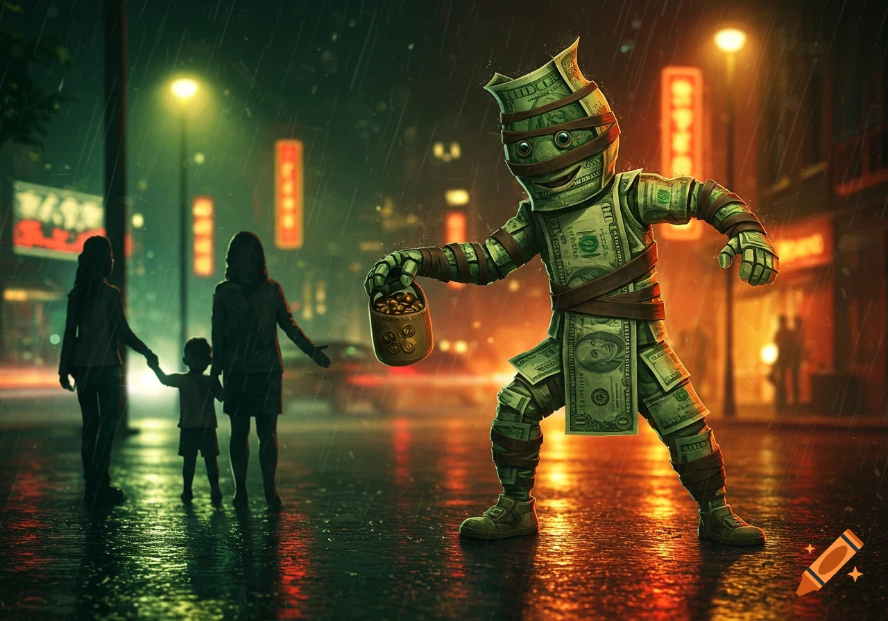 A menacing money-wrapped creature in a rainy city street holds a bucket of coins towards a silhouetted family.