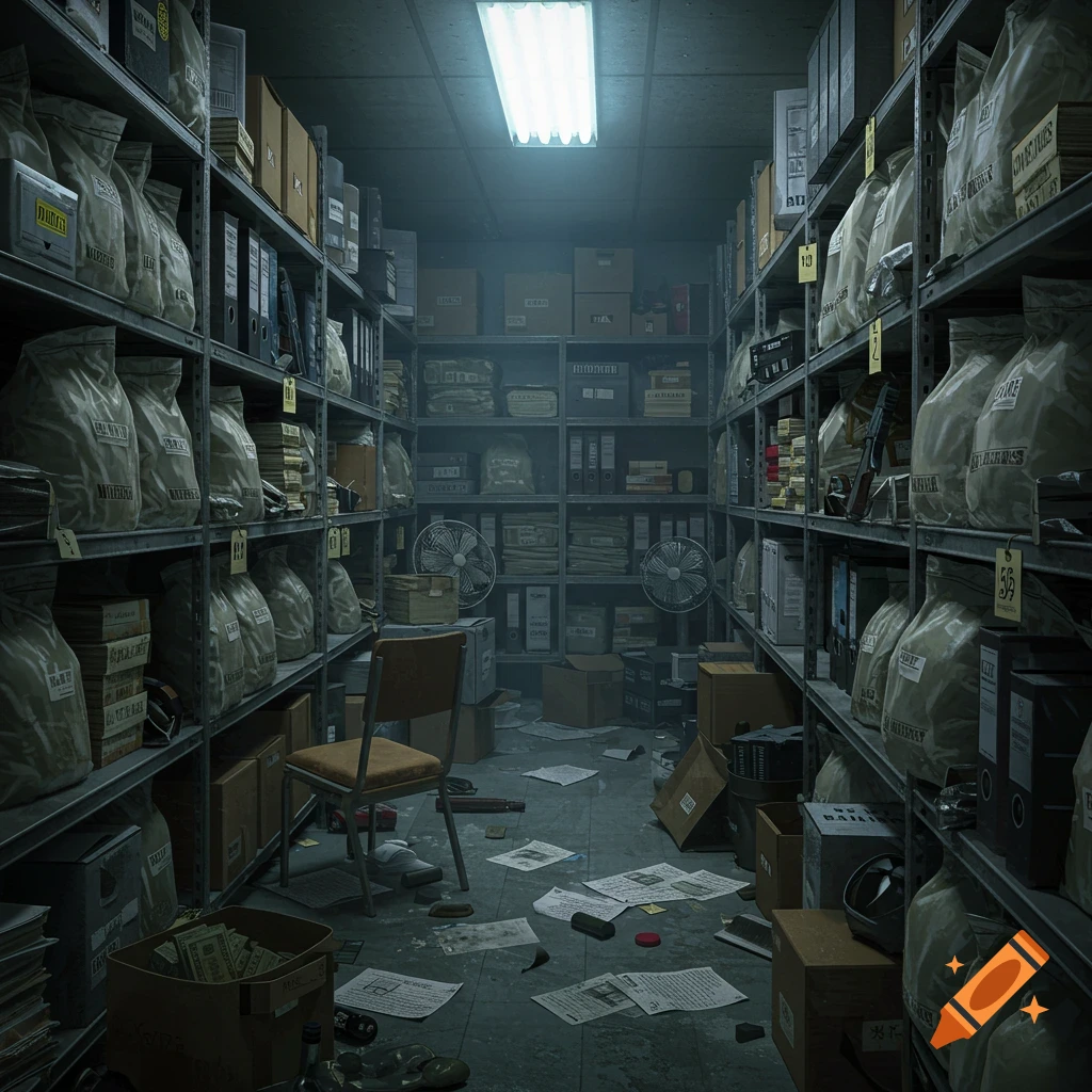 A dimly lit, cluttered storage room filled with tall metal shelves overflowing with bags, boxes, and documents, with a chair and scattered papers on the floor.