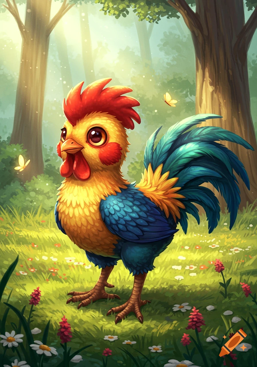 A cute, colorful, stylized cockatrice with red, yellow, and blue feathers stands in a sunlit green forest.