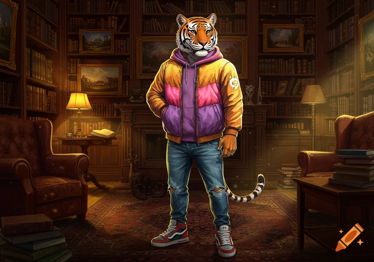 A stylish anthropomorphic tiger in a colorful hoodie, jeans, and sneakers stands in a cozy vintage library with tall wooden bookshelves. Illustrated style.