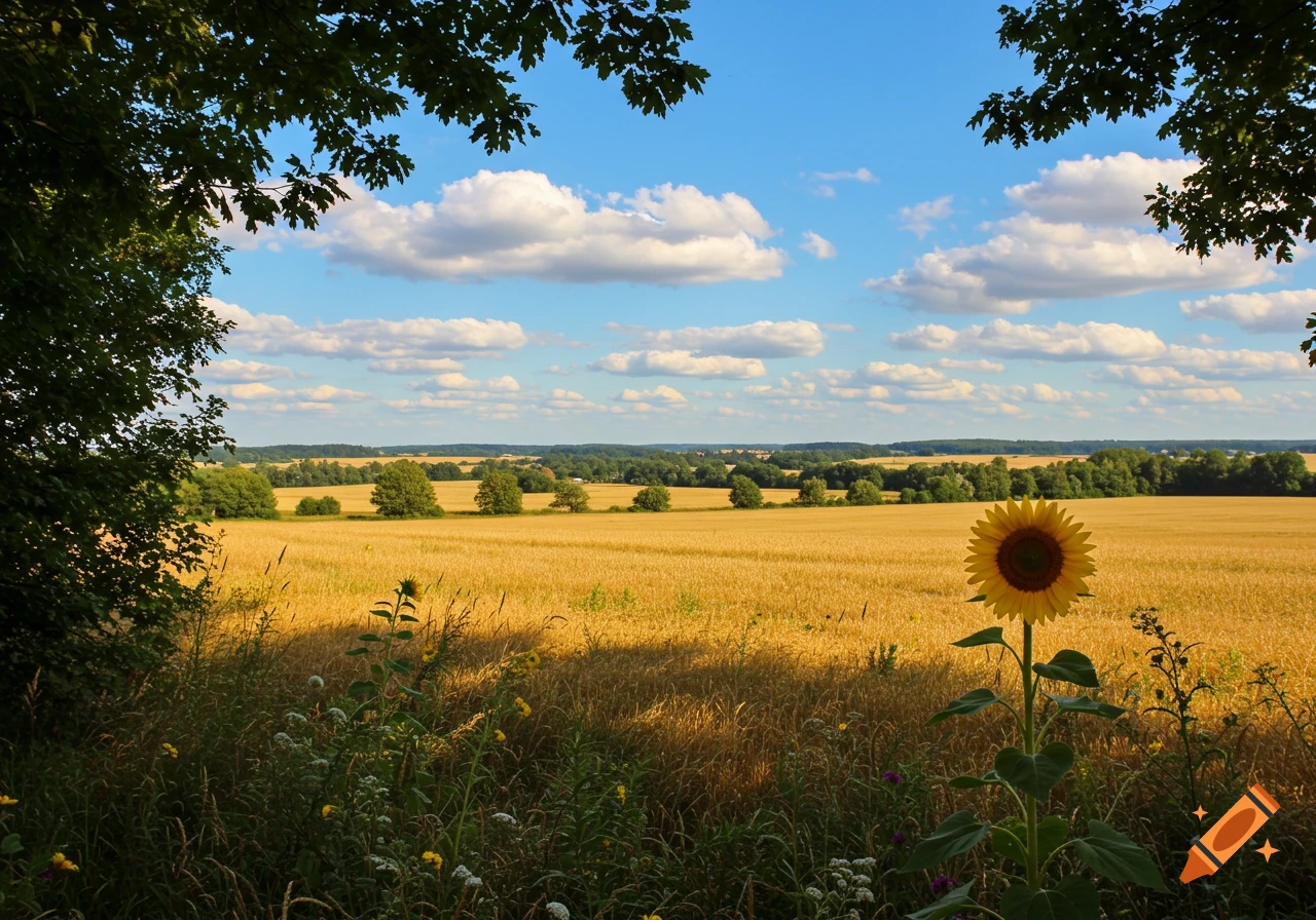 A vibrant sunflower stands in a golden field under a blue sky with white clouds, framed by dark green tree leaves.
