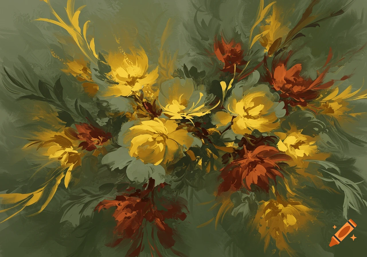 Abstract painting of mustard yellow and rust-colored flowers with sage green leaves and background.