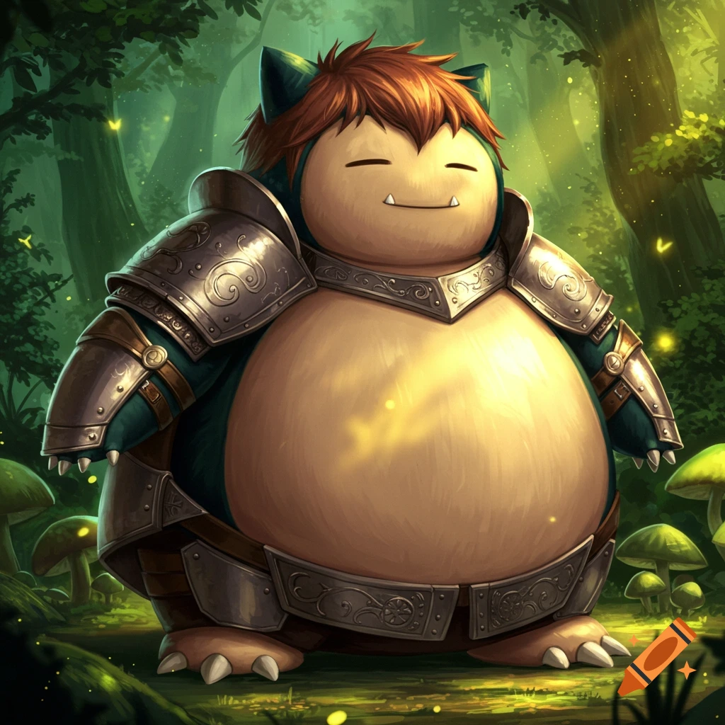 A Snorlax character from Pokemon, wearing ornate silver and gold armor with brown hair, stands in a lush, magical forest with glowing fireflies and mushrooms.