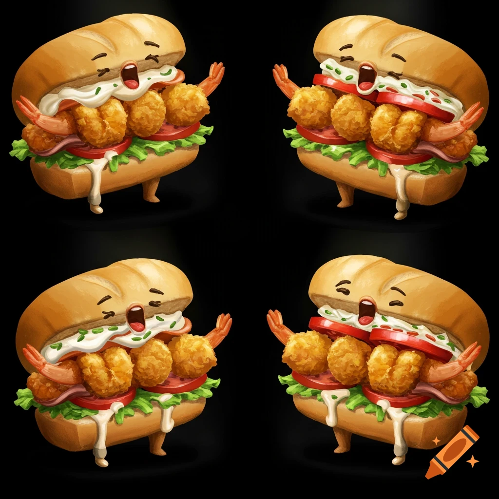 Four cartoon singing po'boy sandwiches with shrimp, lettuce, and tomatoes on a black background.