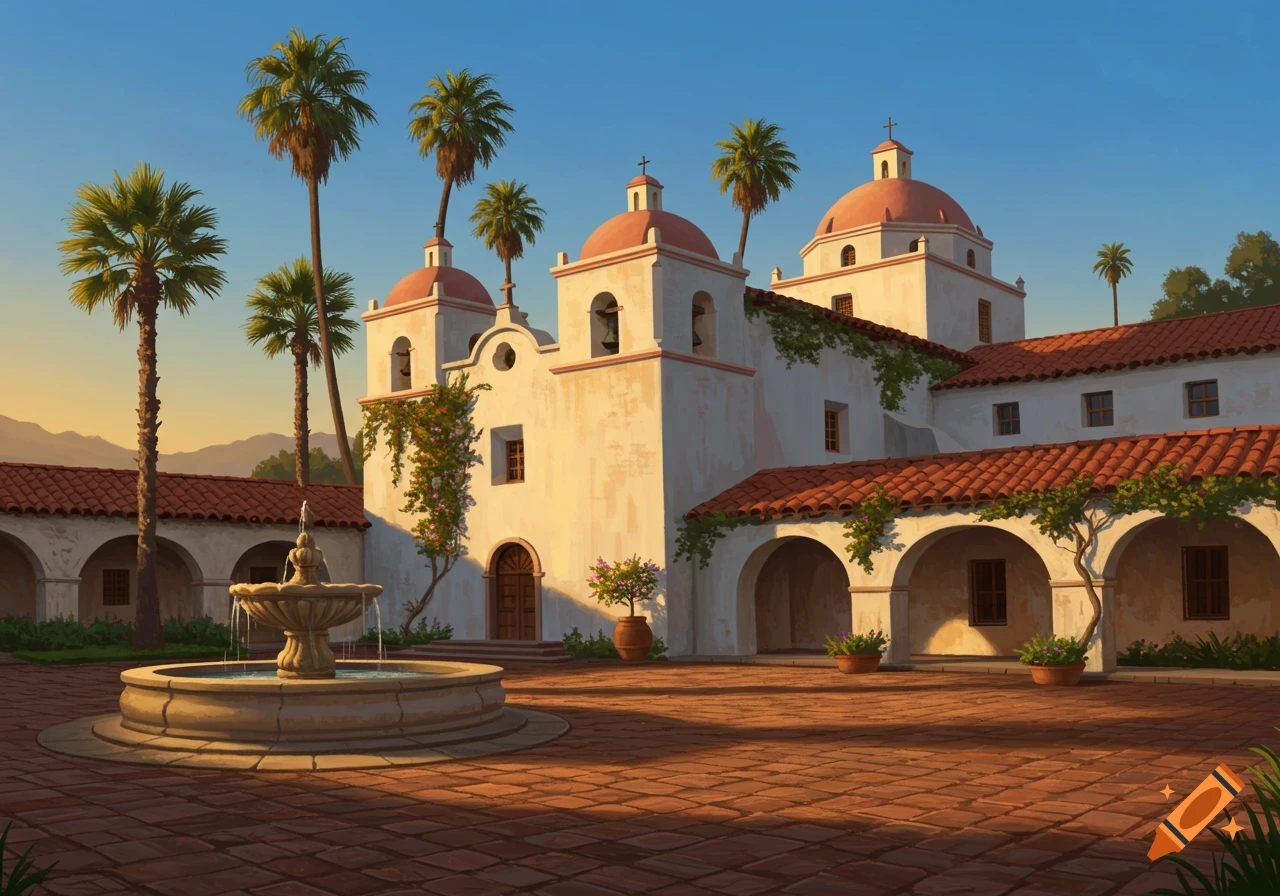 Illustrative view of the San Gabriel Mission courtyard with a stone fountain, red-tiled roofs, and tall palm trees under a clear sky.