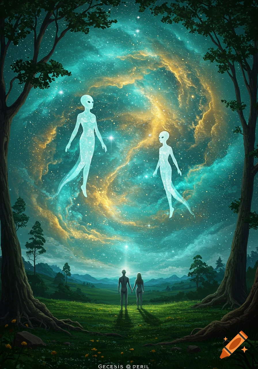 Luminous alien figures float in a teal and gold nebula above a man and woman holding hands in a green field with trees, digital art.